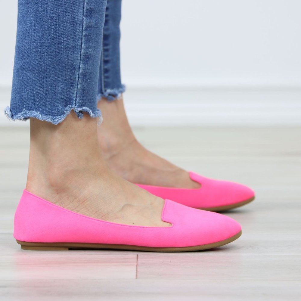 Neon Pink Faux Suede Rounded Toe Slip On Flat Shoes - Picture 3 of 12